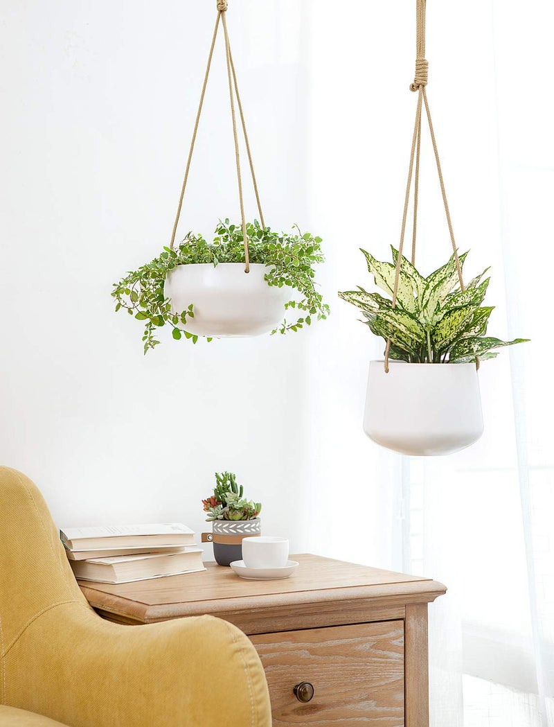 Mkono Ceramic Hanging Planter of Shallow 8 Inch and Deep 6 Inch for Indoor Outdoor Plants, Set of 2 Modern Plant Pot Geometric Porcelain Hanging Basket with Polyester Rope Hanger - Image 2